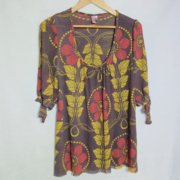 Sweet Pea Sz L Brown Red and Yellow Floral Blouse Mesh - Picture 2 of 6
